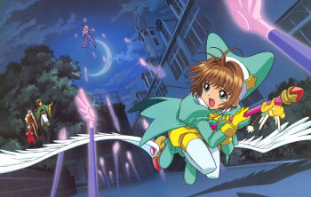 Rule 34 | 1boy, 4girls, absurdres, antenna hair, arrow (clow card), arrow (projectile), black hair, boots, broom, broom riding, brown hair, cardcaptor sakura, coat, crescent moon, daidouji tomoyo, double bun, fuuin no tsue, gloves, green boots, green coat, green eyes, green hat, hair bun, hair intakes, hat, hat ornament, highres, kero (cardcaptor sakura), kinomoto sakura, kinomoto sakura (green arrow costume), li meiling, li syaoran, looking back, magical girl, moon, multiple girls, night, official art, outdoors, pantyhose, scan, scared, short hair, shorts, sky, star (symbol), star hat ornament, takahashi kumiko, tree, twintails, weather vane, white hair, white pantyhose, white wings, wings, yellow gloves, yellow shorts