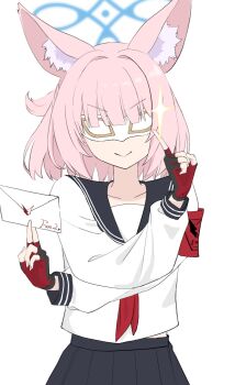 &gt;:) 1girl animal_ear_fluff animal_ears black_gloves black_sailor_collar black_shirt blue_archive blue_halo blunt_bangs carnival_mask closed_mouth commentary_request cowboy_shot english_text facing_viewer fox_ears fox_girl gloves hair_intakes half_updo halo hands_up highres holding holding_letter index_finger_raised letter long_sleeves mask medium_hair neckerchief niko_(blue_archive) pink_hair pleated_skirt red_gloves red_neckerchief sailor_collar school_uniform serafuku shirt simple_background skirt smile smug solo sparkle split_mouth straight_hair sueoki_makura two-tone_gloves v-shaped_eyebrows white_background white_mask white_shirt