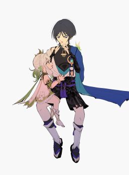 1boy 1girl anemo_symbol_(genshin_impact) anklet armlet armor belt black_belt black_bodysuit black_bow black_bridal_gauntlets black_sandals black_shorts bloomers blue_cape blue_gem blue_kimono blunt_ends bodysuit bow braid bridal_gauntlets bug butterfly cape cat's_cradle choppy_bangs colored_tips commentary detached_sleeves dress e_ss6k eyelashes eyeliner feathers fingernails full_body furisode gem genshin_impact gold_anklet gold_armlet gold_ring green_butterfly green_cape green_eyes green_hair green_sleeves hair_ornament hakama hakama_shorts half_crown_braid highres insect japanese_armor japanese_clothes jewelry juban kimono kote kurokote leaf leaf_hair_ornament leg_warmers long_hair looking_at_another makeup middle_ring multicolored_hair nahida_(genshin_impact) open_clothes open_hand open_kimono open_mouth pleated_shorts pom_pom_(clothes) purple_eyes purple_rope purple_sash red_eyeliner rope sandals sash scaramouche_(genshin_impact) short_dress shorts shoulder_peek side_cape side_ponytail sidelocks sitting sitting_on_lap sitting_on_person size_difference socks stirrup_footwear stirrup_legwear tassel teeth toeless_legwear toenails toes tsurime underwear untranslatable_commentary upper_teeth_only wanderer_(genshin_impact) white_background white_bloomers white_dress white_hair white_kimono white_leg_warmers white_socks yellow_feathers zouri