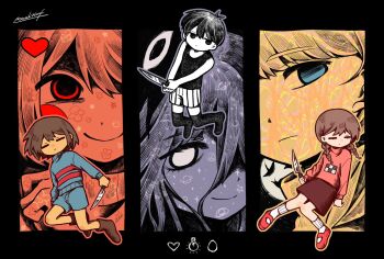 2boys 2girls 2others androgynous antenna_hair black_skin black_tank_top black_thighhighs blue_eyes blue_shorts boots braid brown_boots brown_hair chara_(undertale) closed_eyes closed_mouth colored_skin commentary double-parted_bangs frisk_(undertale) hair_between_eyes highres holding holding_knife knife long_hair long_sleeves low_twin_braids madotsuki multiple_boys multiple_girls multiple_others omochi8604 omori omori_(omori) poniko red_eyes red_shoes red_skirt red_sweater shoes short_hair shorts skirt smile socks something_(omori) stranger_(omori) striped_clothes striped_shorts sweater symbol-only_commentary tank_top thighhighs trait_connection turtleneck turtleneck_sweater twin_braids uboa undertale utdr_(toby_fox) vertical-striped_clothes vertical-striped_shorts white_eyes white_shorts white_skin white_socks yellow_skin yume_nikki