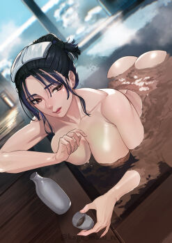 1girl :q absurdres ass bathing black_hair bottle breasts brown_eyes choko_(cup) cleavage collarbone cup highres holding holding_cup kagematsuri lips median_furrow mole mole_under_eye nude original sake_bottle solo tongue tongue_out twitter_username water