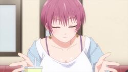 1boy 2girls animated anime_screenshot black_hair blonde_hair blue_jacket blush bouncing_breasts bra breasts cleavage denim denim_shorts earrings highres jacket jewelry kawai_mona kuroiwa_medaka kuroiwa_medaka_ni_watashi_no_kawaii_ga_tsuujinai large_breasts long_hair multiple_girls nanba_tomo open_clothes open_jacket pink_eyes pink_hair pink_sweater purple_eyes school_uniform shirt short_hair shorts skirt sound sweater tagme underwear video white_shirt zipper zipper_pull_tab