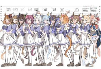 6+girls blue_eyes blue_hair blush brown_hair chart closed_eyes closed_mouth hair_between_eyes hair_ornament height_chart height_difference highres hishi_miracle_(umamusume) kumo_(mokumoku_warabi) looking_at_viewer medium_hair multiple_girls north_flight_(umamusume) one_eye_closed sakura_chiyono_o_(umamusume) school_uniform shoes smart_falcon_(umamusume) standing thighhighs tracen_school_uniform umamusume venus_paques_(umamusume) vivlos_(umamusume) waving white_background win_variation_(umamusume) yukino_bijin_(umamusume)
