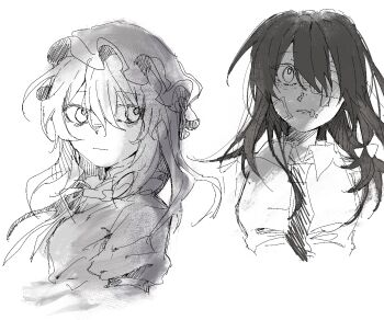 2girls bandaid bandaid_on_face black_hair bow collar collared_shirt commentary dated_commentary dress frilled_collar frills greyscale hair_between_eyes hair_bow hat highres long_hair maribel_hearn missing_headwear mob_cap monochrome multiple_girls neck_ribbon necktie oriharareimu ribbon shirt sketch sleeve_garter touhou usami_renko white_background