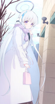 Rule 34 | 1girl, absurdres, alternate costume, bag, bare tree, blue archive, blue halo, blunt bangs, bow, closed mouth, coat, commentary request, day, enpera, grey halo, halo, hand up, headgear, highres, holding, holding bag, long hair, long sleeves, lusye, mechanical halo, multicolored halo, noa (blue archive), outdoors, pink bag, purple eyes, purple scarf, scarf, shopping bag, smile, solo, tree, two-tone halo, very long hair, white bow, white coat, white hair