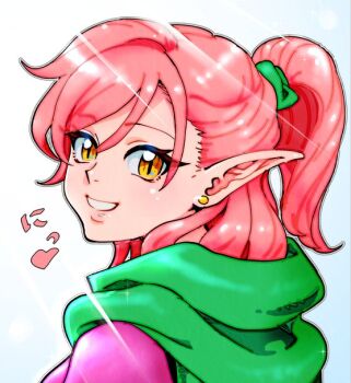 1girl asymmetrical_bangs cape earrings eyes_visible_through_hair facing_away green_cape hair_between_eyes heart jewelry looking_at_viewer looking_back okeko outline pink_hair pointy_ears ponytail shining_(series) single_earring slit_pupils smile solo sunlight tao_(shining_force) upper_body white_background