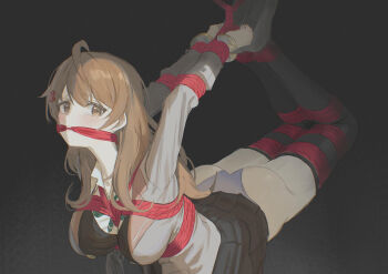 1girl absurdres ahoge arms_behind_back bdsm black_background black_thighhighs bondage bound bound_arms bound_legs bow bowtie breasts brown_eyes brown_hair cailin020 cloth_gag collared_shirt flower gag gagged grey_jacket hair_between_eyes hair_flower hair_ornament highres hogtie improvised_gag jacket large_breasts long_hair looking_at_viewer mariya_mikhailovna_kujou panties pleated_skirt red_rope restrained rope school_uniform seiren_academy_school_uniform shibari shirt shoes simple_background skirt solo suspension tearing_up thighhighs tokidoki_bosotto_roshia-go_de_dereru_tonari_no_alya-san underwear