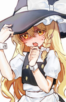 1girl absurdres aorin_oekaki apron black_hat black_vest blonde_hair blush bow braid commentary_request dress hair_bow hand_on_headwear hat hat_bow highres kirisame_marisa long_hair open_mouth puffy_short_sleeves puffy_sleeves short_sleeves side_braid single_braid solo sweatdrop touhou very_long_hair vest waist_apron white_apron white_bow witch_hat wrist_cuffs yellow_eyes