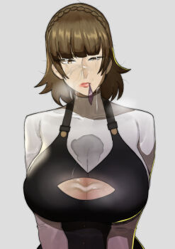 aftersex breasts condom condom_in_mouth cum cum_on_body cum_on_breasts cum_on_upper_body doublehero facial mouth_hold niijima_makoto persona persona_5 used_condom
