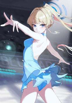 1girl absurdres alternate_costume alternate_hairstyle backless_outfit bare_arms bare_shoulders blue_archive blue_dress blue_eyes blue_hair blunt_bangs blush breasts closed_mouth cowboy_shot dress figure_skating figure_skating_dress from_behind hair_ornament high_ponytail highres ice_skating looking_at_viewer looking_back medium_breasts multicolored_hair outstretched_arms pongdo ponytail skates skating skating_rink sleeveless sleeveless_dress smile solo standing streaked_hair toki_(blue_archive)