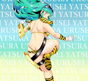 1girl animal_print ass bikini boots breasts butt_crack commentary_request cone_horns copyright_name elbow_gloves english_text epaulettes from_behind gloves gradient_background green_hair gun horns long_hair looking_at_viewer lum official_alternate_costume oni plump pointy_ears print_bikini skindentation solo strap strapless strapless_bikini swimsuit tiger_print tof urusei_yatsura weapon yellow_bikini yellow_eyes