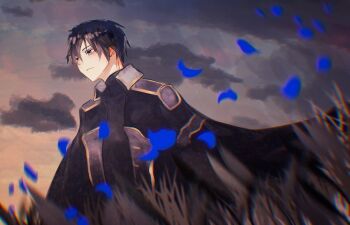 Rule 34 | 1boy, absurdres, black hair, black shirt, blue coat, blue eyes, blue flower, blurry, blurry foreground, character request, check character, cloud, cloudy sky, coat, cowboy shot, crew neck, depth of field, dutch angle, expressionless, falling petals, flower, full body, grass, hashtag-only commentary, highres, kirito, llyuzurull, male focus, meadow, open clothes, open coat, outdoors, petals, popped collar, shirt, short hair, shoulder pads, sky, solo, standing, sunrise, sword art online, wind, wind lift