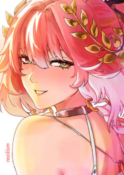 1girl absurdres artist_name bare_shoulders braid bright_pupils changli_(wuthering_waves) commentary english_commentary hair_between_eyes hair_extensions highres laurel_crown looking_at_viewer looking_back multicolored_hair parted_lips pink_hair portrait rezilism ring_hair_extensions smile solo two-tone_hair white_hair white_pupils wuthering_waves yellow_eyes