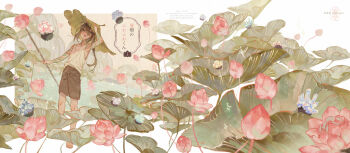 1other adjusting_clothes adjusting_headwear androgynous arm_tattoo artist_name barefoot brown_hair brown_shorts commentary_request copyright_notice flower highres holding holding_stick leaf_hat long_hair lotus lotus_leaf open_mouth original other_focus outdoors pink_flower shorts solo stick tank_top tattoo tsubonari white_tank_top wide_shot