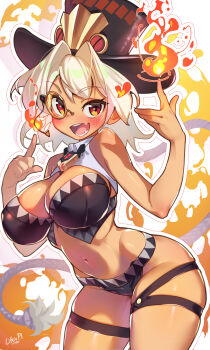1girl absurdres black_bustier blush breasts bustier commentary commission cosmic_break dark-skinned_female dark_skin english_commentary fang fire flareleon hair_between_eyes hat highres large_breasts life_is_pi looking_at_viewer midriff monocle open_mouth pyrokinesis red_eyes skin_fang smile teeth top_hat white_hair