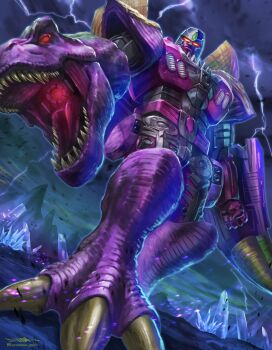 1boy absurdres animal_head beast_wars beast_wars:_transformers clenched_hand crystal dinosaur energon energy highres lightning mecha megatron_(beast_wars) predacon red_eyes robot sharp_teeth signature storm teeth transformers transformers:_war_for_cybertron_trilogy tyrannosaurus_rex yasukuni_kazumasa