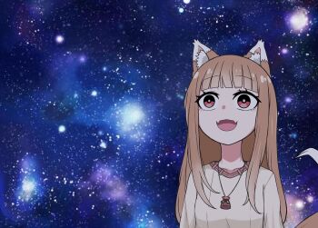 1girl :d absurdres akuma0320 animal_ear_fluff animal_ears arms_at_sides blunt_bangs bright_pupils brown_hair commentary eyelashes fangs grey_shirt highres holo jewelry jpeg_artifacts long_hair looking_up meme necklace open_mouth red_eyes shirt sidelocks skin_fangs smile solo space space_cat_(meme) spice_and_wolf straight_hair tail tsurime upper_body white_pupils wide-eyed wolf_ears wolf_girl wolf_tail