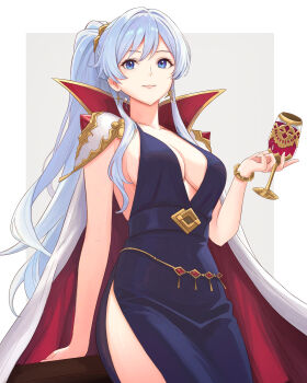 Rule 34 | 1girl, absurdres, breasts, cape, cleavage, cup, cupping glass, dress, earrings, fire emblem, fire emblem: genealogy of the holy war, fire emblem heroes, hair ornament, highres, holding, holding cup, ishtar (fire emblem), ishtar (echoing thunder) (fire emblem), jewelry, long hair, looking at viewer, medium breasts, nintendo, ponytail, purple eyes, purple hair, sideboob, simple background, solo, truejekart, very long hair