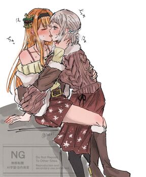 2girls aran_sweater black_hairband blue_ribbon blush boots braid brown_boots brown_skirt brown_sweater cable_knit closed_eyes commentary_request french_kiss gakuen_idolmaster grey_hair hair_ribbon hairband half_up_braid hand_on_another's_neck hand_on_another's_waist highres idolmaster katsuragi_lilja kiss long_hair mole mole_under_eye multiple_girls off-shoulder_sweater off_shoulder orange_hair ribbon ribbon_braid shiun_sumika simple_background skirt sweat sweater tongue tongue_out watermark white_background yashiromiya_inori yellow_sweater yuri