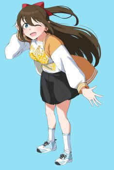 1girl ;d absurdres black_skirt blue_background blue_eyes blue_shoes bow breasts brown_hair commentary full_body hair_bow half_updo highres jacket letterman_jacket looking_at_viewer love_live! love_live!_nijigasaki_high_school_idol_club medium_breasts miniskirt official_alternate_costume one_eye_closed open_clothes open_jacket open_mouth orange_jacket osaka_shizuku pleated_skirt ponytail red_bow shirt shoes simple_background skirt smile sneakers socks solo uchuu_no_mozuku white_shirt white_socks