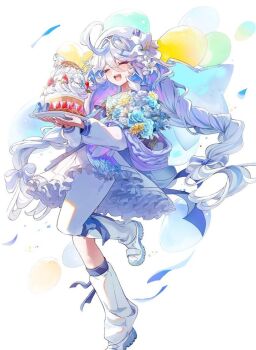 Rule 34 | 1girl, alternate costume, alternate hairstyle, blue flower, blue rose, bouquet, cake, closed eyes, datsha, dress, floating hair, flower, food, furina (genshin impact), genshin impact, hashtag-only commentary, leg warmers, long hair, long sleeves, open mouth, pantyhose, plate, rose, shoes, simple background, single leg pantyhose, smile, solo, standing, standing on one leg, sunflower, teeth, upper teeth only, very long hair, white background, white dress, white leg warmers, white pantyhose, white shoes, yellow flower