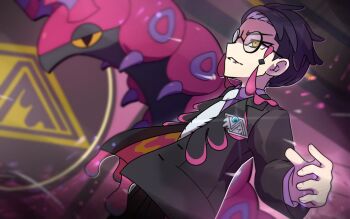 1boy antennae black-framed_eyewear black_hair black_jacket black_pants bug centipede collared_shirt colored_sclera corbeau_(pokemon) eyewear_strap gen_5_pokemon glasses highres horns jacket komori541milk long_sleeves necktie nintendo open_clothes open_jacket pants parted_hair pokemon pokemon_(creature) pokemon_legends:_z-a purple_hair purple_shirt round_eyewear scolipede shirt short_hair short_sideburns undercut white_necktie yellow_eyes yellow_sclera