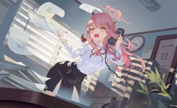 1girl @_@ aru_(blue_archive) black_skirt blue_archive demon_horns embarrassed halo highres horns indoors leaning_forward long_hair long_sleeves office office_lady open_mouth paper phone pink_hair pink_halo ribbon shirt siya_je skirt solo white_shirt yellow_eyes