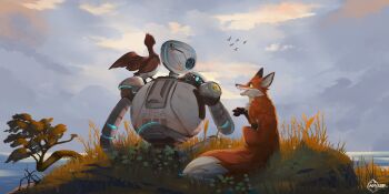 1girl 2boys absurdres artist_logo artist_name auveiss bird brightbill_(the_wild_robot) colored_sclera commentary duck_boy english_commentary fink_(the_wild_robot) fox fox_boy goose highres logo multiple_boys robot rozzum_unit_7134 the_wild_robot tree yellow_sclera