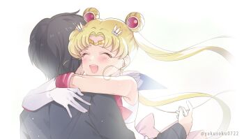 +1_(yakusoku0722) 1boy 1girl ^_^ back bishoujo_senshi_sailor_moon black_hair black_jacket blonde_hair blush chiba_mamoru circlet closed_eyes commentary_request double_bun gloves hair_bun highres hug jacket sailor_moon sailor_senshi_uniform short_hair simple_background sleeveless tsukino_usagi twitter_username white_background white_gloves