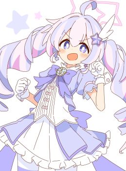 1girl :d absurdres ahoge blue_archive blush bow bowtie clenched_hand commentary cowboy_shot dot_nose double-parted_bangs frilled_skirt frills gloves hair_between_eyes hair_ornament halo hand_up highres long_hair looking_at_viewer magical_girl multicolored_hair official_alternate_costume open_mouth pink_hair pink_halo purple_bow purple_bowtie purple_hair purple_shirt reisa_(blue_archive) reisa_(magical)_(blue_archive) shirt simple_background skirt smile solo star_(symbol) star_hair_ornament star_halo twintails two-tone_hair v-shaped_eyebrows vest white_background white_gloves white_skirt white_vest wing_hair_ornament zungurimukkuri_tarou