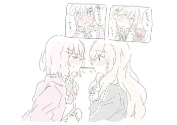 &gt;_&lt; 2girls amaori_renako blush bow bowtie brown_hair commentary_request food hood hoodie long_hair medium_hair multiple_girls nick150iso pink_bow pink_bowtie pink_hair pink_hoodie pocky pocky_kiss school_uniform sena_ajisai shared_food speech_bubble translation_request watashi_ga_koibito_ni_nareru_wake_naijan_murimuri! yuri