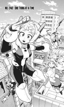 Rule 34 | 4girls, asui tsuyu, asui tsuyu (hero outfit), belt, blush stickers, bodysuit, boku no hero academia, breasts, dragon, english text, female focus, gloves, hado nejire, highres, horikoshi kouhei, long hair, medium hair, monochrome, multiple girls, official art, ryuukyuu, skin tight, superhero costume, uraraka ochako, uraraka ochako (hero outfit)