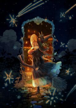 1girl absurdres black_cat blue_eyes braid braided_ponytail broom brown_capelet brown_dress brown_hair brown_hat brown_shoes capelet cat dress earrings full_body hat highres holding holding_broom jewelry large_hat long_hair long_sleeves looking_at_viewer looking_back melty_(corolla) original portal_(object) shoes single_braid solo standing witch witch_hat