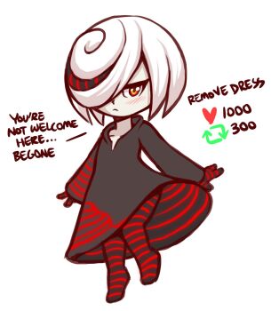 1girl 2022 20s :< artificial_intelligence black_dress blush collarbone dress english_text female_focus full_body hair_over_one_eye highres loli looking_at_viewer medium_hair mossyfroot pale_skin red_eyes sage_(sonic) solo sonic_(series) sonic_frontiers white_background white_hair