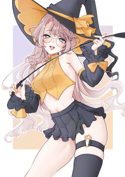 1girl :d black_hat black_skirt black_thighhighs carrot_(robosquat) collared_shirt commentary_request cropped_shirt glasses hat highres holding midriff miniskirt navel open_mouth orange_shirt original round_eyewear shirt simple_background single_thighhigh skirt sleeveless sleeveless_shirt smile solo standing stomach teeth thigh_strap thighhighs thighs tongue upper_teeth_only white_background witch_hat yellow-framed_eyewear