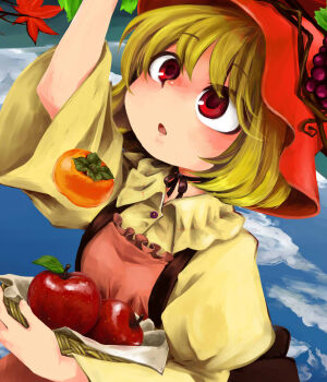 1girl aki_minoriko apple blonde_hair blue_sky cloud collared_shirt commentary_request food frilled_shirt_collar frills fruit hat highres mob_cap open_mouth orange_hat persimmon red_eyes shirt short_hair siroooo sky solo touhou upper_body yellow_shirt