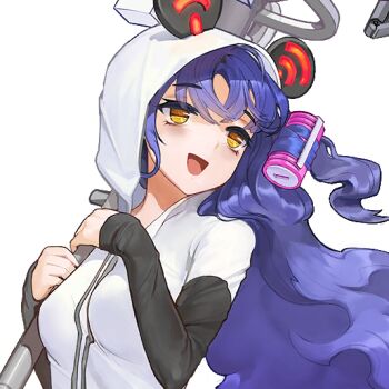 Rule 34 | animal ears, blue hair, breasts, fake animal ears, female focus, game cg, head tilt, holding, hood, hood up, hoodie, last origin, long hair, looking away, medium breasts, official art, open mouth, rorobomb, smile, transparent background, upper body, wavy hair, white hoodie, yellow eyes, yumi (last origin)