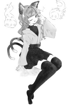 1girl alternate_costume alternate_hairstyle animal_ears belt cat_ears cat_tail commentary full_body greyscale hair_down hitodama kaenbyou_rin long_hair long_sleeves looking_at_viewer monochrome multiple_tails nanahana_nanana one_eye_closed open_mouth skirt solo tail thighhighs touhou two_tails