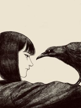 1girl animal animal_on_arm bird black_hair black_outline blunt_bangs bob_cut crow greyscale highres looking_at_animal looking_to_the_side medium_hair monochrome original outline solo tp_p_pt