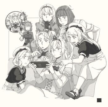 Rule 34 | 6+girls, ark royal (kancolle), cellphone, commentary request, country connection, crown, dress, flip phone, gloves, hat, headgear, highres, inset, janus (kancolle), javelin (kancolle), jervis (kancolle), kantai collection, mini crown, monochrome, multiple girls, nelson (kancolle), nintendo switch 2, phone, playing games, rodney (kancolle), sailor dress, sailor hat, sheffield (kancolle), translation request, upper body, valiant (kancolle), victorious (kancolle), warspite (kancolle), weidashming