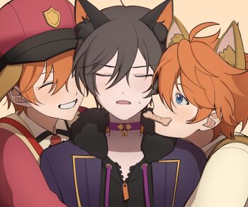 2boys ahoge akehoshi_subaru animal_ears bbahot bell black_hair blue_eyes bone_in_mouth cat_ears choker closed_eyes commentary ensemble_stars! fangs fur-trimmed_jacket fur_trim grin hair_between_eyes hidaka_hokuto highres jacket jingle_bell korean_commentary looking_at_another multiple_boys multiple_views official_alternate_costume open_clothes open_jacket open_mouth purple_choker purple_jacket red_hair short_hair simple_background smile upper_body yellow_background