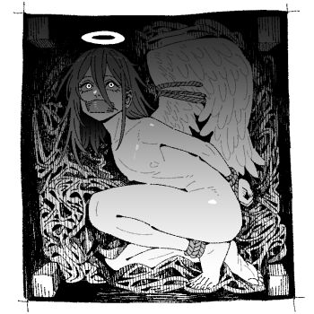 1boy angel angel_devil_(chainsaw_man) angel_wings bound bound_legs bound_wings bound_wrists box chainsaw_man commentary from_side greyscale halo in_box in_container kkangmuu long_hair male_focus monochrome nipples nude solo symbol-only_commentary thighs toenails trapped wings