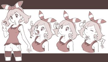 1girl akairo_(akairokk) bike_shorts bike_shorts_under_shorts bow_hairband breasts closed_eyes cropped_legs greyscale hairband highres holding holding_poke_ball letterboxed may_(pokemon) monochrome nintendo open_mouth poke_ball poke_ball_(basic) pokemon pokemon_oras sequential shorts small_breasts swallowing throat_bulge tongue tongue_out vore