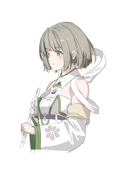 Rule 34 | 1girl, breasts, closed mouth, detached collar, eyelashes, flute, green eyes, green pupils, grey hair, highres, holding, holding flute, holding instrument, huanxiang huifeng, instrument, looking ahead, medium breasts, miyabi (xenoblade), short hair, simple background, smile, solo, upper body, white background, xenoblade chronicles (series), xenoblade chronicles 3