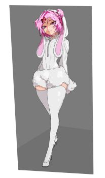 1girl animal_costume animal_ears animal_hood arms_at_sides arms_behind_back blush bob_cut border breasts choker closed_mouth commentary doki_doki_literature_club english_commentary exspiravitbag fake_animal_ears fang floppy_ears fluffy_clothes full_body grey_background hair_between_eyes hair_intakes hair_ornament hair_ribbon high_heels highres hood hood_up hoodie light_smile long_sleeves natsuki_(doki_doki_literature_club) pink_eyes pink_hair rabbit_costume rabbit_ears red_ribbon ribbed_sweater ribbon shoes short_hair short_shorts shorts skin_fang slit_pupils small_breasts smile solo sweater swept_bangs thighhighs two_side_up walking white_border white_choker white_hoodie white_shoes white_shorts white_sweater white_thighhighs x_hair_ornament zettai_ryouiki zipper
