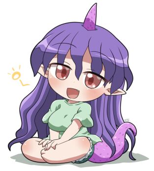 1girl :d barefoot blush breasts chibi chibi_only commentary_request fang frilled_shorts frills full_body green_shirt green_shorts hair_between_eyes horns large_breasts long_hair looking_at_viewer open_mouth pointy_ears purple_hair purple_horns purple_tail red_eyes rokugou_daisuke shirt short_sleeves shorts signature simple_background single_horn sitting smile solo squeans t-shirt tail tenkajin_chiyari touhou very_long_hair white_background