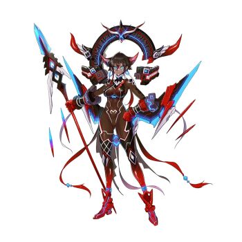 Rule 34 | 1girl, black hair, blue eyes, bodystocking, breasts, character request, closed mouth, commentary request, copyright request, dark-skinned female, dark skin, earrings, full body, gloves, gradient hair, hair between eyes, hand on own hip, holding, holding polearm, holding weapon, horns, jewelry, multicolored hair, navel, polearm, red gloves, red hair, red horns, red shoes, shoes, solo, spear, weapon, white background, z-ton