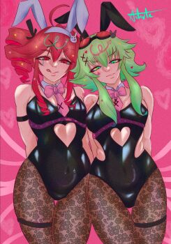 Rule 34 | 2girls, animal ears, astartefrost, black leotard, clothing cutout, drill hair, goggles, goggles on head, green eyes, green hair, gumi, heart cutout, highres, kasane teto, lace, lace pantyhose, leotard, multiple girls, pantyhose, playboy bunny, rabbit ears, rabbit hole (vocaloid), red eyes, red hair, short hair with long locks, smile, tongue, tongue out, twin drills, utau, vocaloid