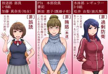 Rule 34 | 3girls, blue hair, breasts, brown hair, chicken (nijie), earrings, glasses, hair bun, jewelry, large breasts, long hair, mature female, multiple girls, school uniform, short hair, single hair bun, sleeveless, sleeveless turtleneck, swimsuit, text focus, track suit, translated, turtleneck