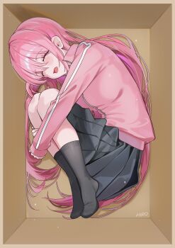1girl absurdres artist_name black_skirt black_socks blush bocchi_the_rock! box breasts closed_eyes commentary commentary_request drooling english_commentary fetal_position full_body gotoh_hitori hair_between_eyes highres hugging_own_legs in_box in_container jacket legs_together long_hair long_sleeves lying medium_breasts medium_skirt on_side open_mouth pink_hair pink_jacket pleated_skirt rounizm skirt sleeping socks solo track_jacket very_long_hair white_trim
